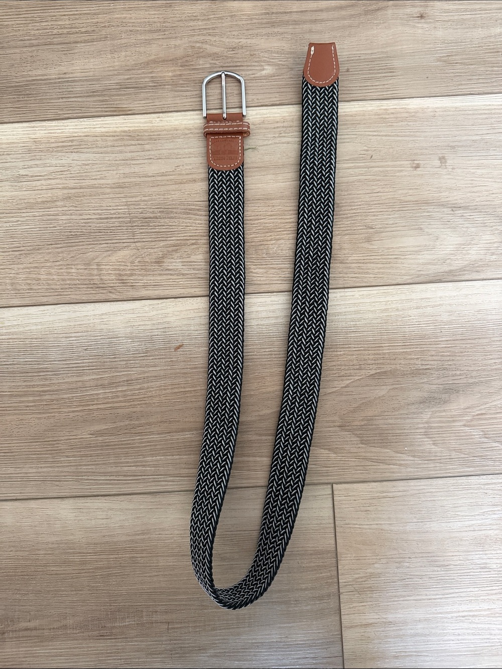 Men's Woven Elastic Belt with Brown Leather Trim - Black/White - size 32